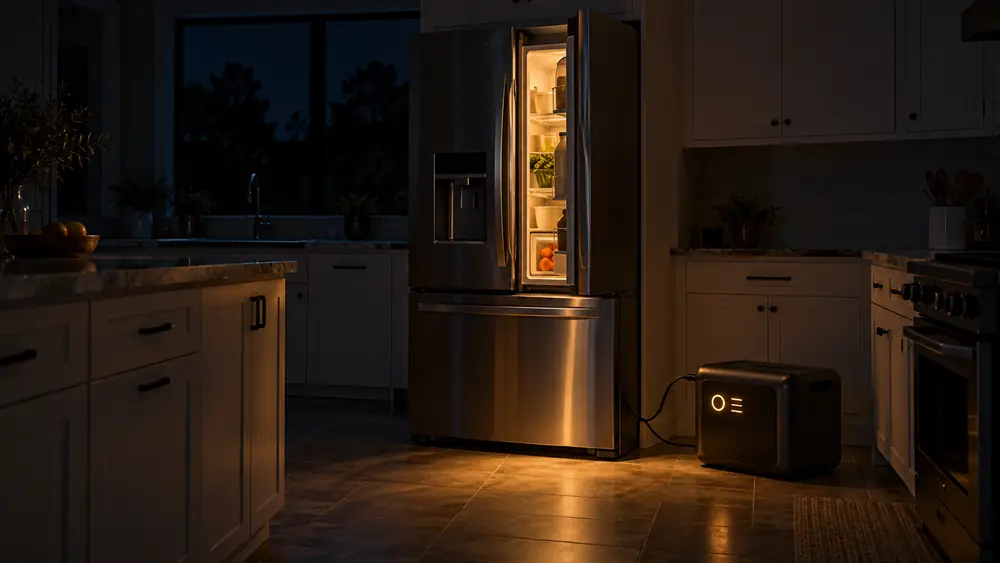 A refrigerator plugged into a portable power station in a dark kitchen during a power outage