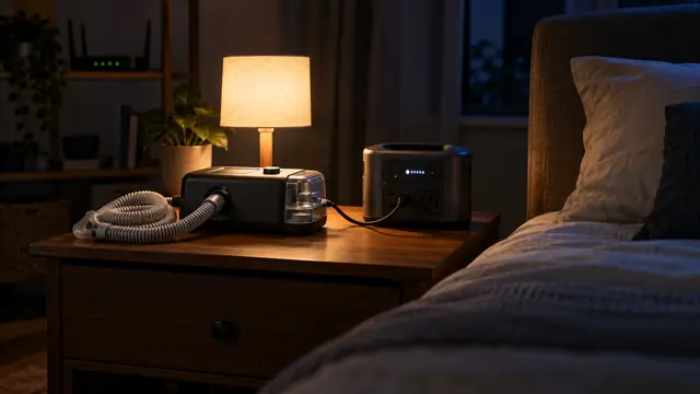 A CPAP machine and a lamp on a nightstand, run from a small portable power station at night